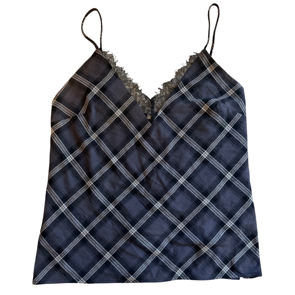 Gold Hawk Plaid Lace Trim Camisole Top Charcoal Gray Large NWT - Picture 2 of 10
